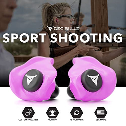 Decibullz Custom Molded Earplugs, 31dB Highest NRR, Comfortable Hearing Protection for Shooting, Travel, Swimming, Work and Concerts (Pink) - color: Pink