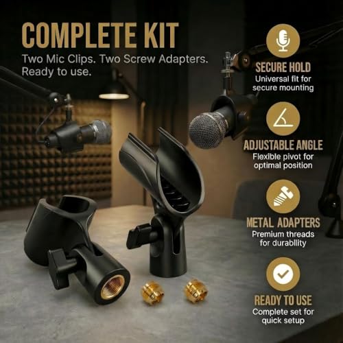 Upgraded Adjustable Microphone Clip, Universal Mic Clip Holder for Mic Stand, Compatible with Dynamic Microphone, Come with 5/8" to 3/8" Screw Adapter