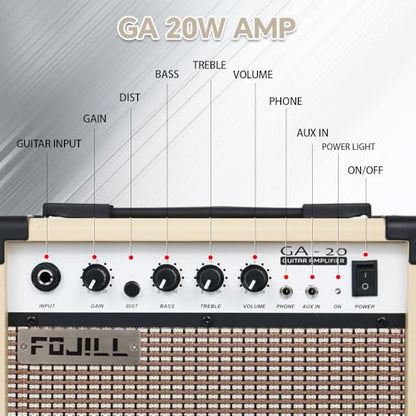 Fojill 20W Watt Electric Guitar Amplifier Amp Practice Small Portable Travel Mini Amp with 3.5 Headphone Jack Aux Distortion Gain Treble Bass Volume (Cream, 20W) - color: Cream