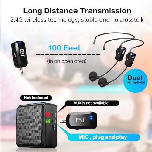 EBJ 2.4G Wireless Headset Mic and Handheld Mic 2 in 1, 30m Stable Transmission, Dual Type-c USB Charging, Compatible with Speakers, Voice Amplifier, PA System (KX-620-2)