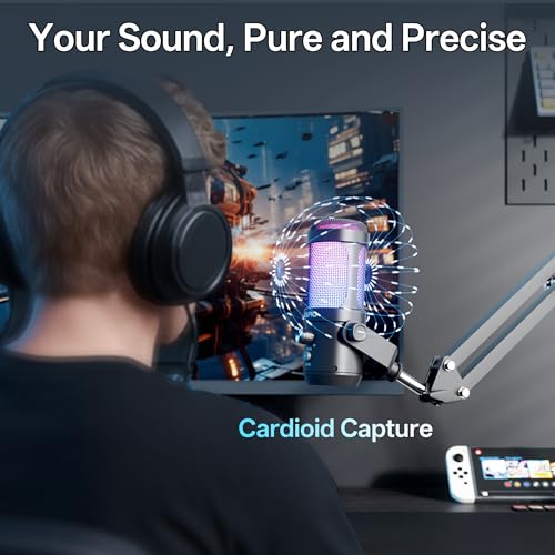 JARO USB Podcast Microphone with Boom Arm, Studio Condenser Mic with Real-Time Monitoring, Mute, Volume Control Ideal for Voice & Singing (Black) - color: Black