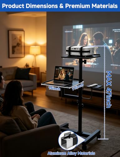 KOOV 2 Shelves Projector Stand, Max 47" Height Adjustable | Mobile Cart on Wheels, Projector Tripod Stand, Rolling Laptop Floor Stand, For Couch - size: 47inch