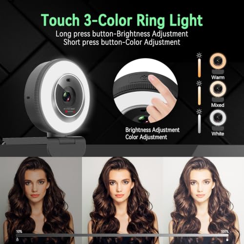 Angetube 1080P USB Webcam with Ring Light Autofocus & Microphone for PC Mac | Built-in Privacy Cover, Plug and Play, Compatible with Laptop Desktop, Works for Streaming, Teams, Skype Video Calls