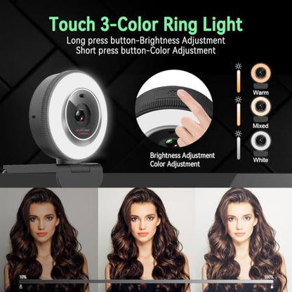 Angetube 1080P USB Webcam with Ring Light Autofocus & Microphone for PC Mac | Built-in Privacy Cover, Plug and Play, Compatible with Laptop Desktop, Works for Streaming, Teams, Skype Video Calls