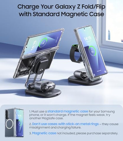 Meifigno 3 in 1 Foldable Wireless Charging Station for Samsung, Magnetic Charger Stand with On/Off Night Light for Galaxy S26/S25/Z Fold 7/Z Flip 7, Watch Charger for Galaxy Watch Ultra 8, for Buds