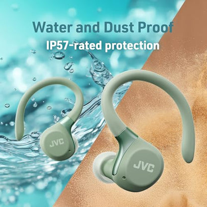 JVC Fitness Series True Wireless Sport Earbuds with Adjustable Hooks, Active Noise Cancelling, Ambient Sound Mode, IP57 Waterproof, 40hr Long Battery Life, App EQ, Low Latency, Mic HAEC75TG Green - color: Green