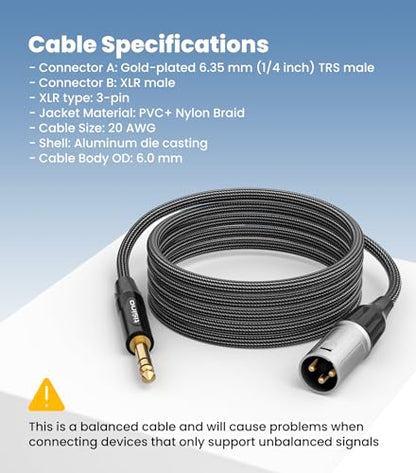 Tisino 1/4" to XLR Cable, 6.35mm TRS to XLR Male Nylon Braid Quarter inch TRS to XLR Male Balanced Interconnect Microphone Cord Patch Cable - 3.3ft - size: 3.3 feet