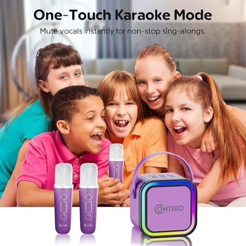 Contixo KS1 Mini Karaoke Machine for Kids, Portable Bluetooth Speaker with 2 Wireless Microphones & Dynamic Lights for Boys & Girls, Home Party Entertainment Toy (Purple) - color: Purple