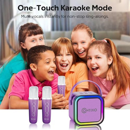 Contixo KS1 Mini Karaoke Machine for Kids, Portable Bluetooth Speaker with 2 Wireless Microphones & Dynamic Lights for Boys & Girls, Home Party Entertainment Toy (Purple) - color: Purple
