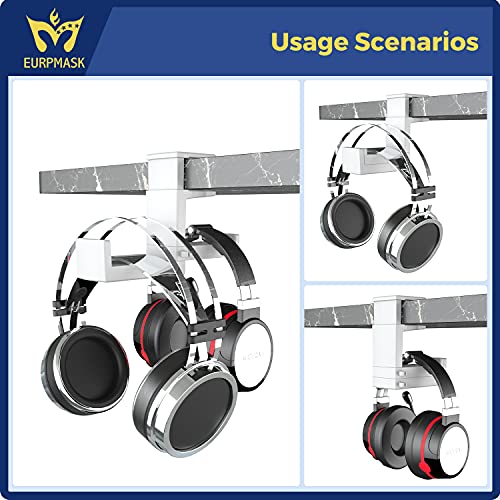 Dual Headphone Stand Holder - EURPMASK 2 in 1 PC Gaming Headset Hooks, 360 Degree Rotating Headphone Hanger with Adjustable Clamp & Cable Clip Organizer, Headset Mount Under Desk Earphone Clamp-White - color: White