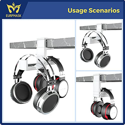 Dual Headphone Stand Holder - EURPMASK 2 in 1 PC Gaming Headset Hooks, 360 Degree Rotating Headphone Hanger with Adjustable Clamp & Cable Clip Organizer, Headset Mount Under Desk Earphone Clamp-White - color: White