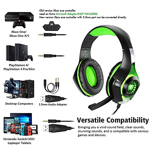 BlueFire Stereo Gaming Headset with Microphone for PS5 PS4 Xbox One Switch PC Mac – Wired Over-Ear Headphones with Surround Sound, Soft Memory Foam, Noise Canceling Mic, Light, 3.5mm Jack (Green) - color: Green