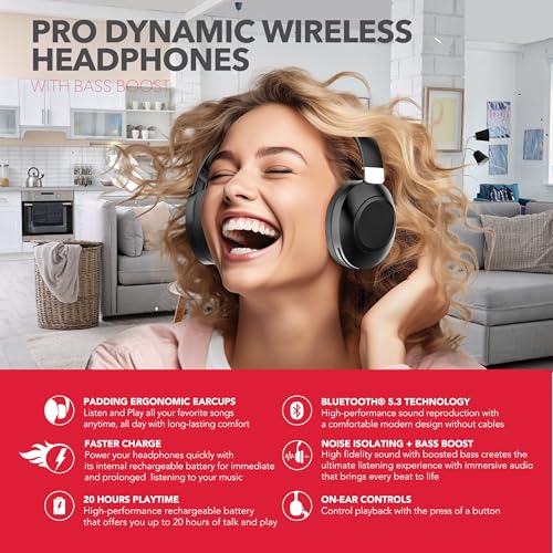 RCA Wave-54 Wireless Over-Ear Bluetooth Headphones, Hi-Res Audio, Deep Bass, Noise Cancelling, Bluetooth 5.3, Foldable Headset with Mic, 12H Playtime, Comfortable for Travel, Work & Gaming
