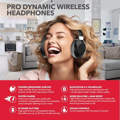 RCA Wave-54 Wireless Over-Ear Bluetooth Headphones, Hi-Res Audio, Deep Bass, Noise Cancelling, Bluetooth 5.3, Foldable Headset with Mic, 12H Playtime, Comfortable for Travel, Work & Gaming