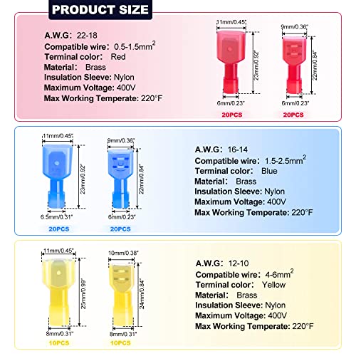 Twidec/100PCS Nylon Spade Connectors Kit 22-10 Gauge Male and Female Wire Spade Terminal Quick Disconnect Fully Insulated Wire Crimp Connector for Automotive Marine - color: Multicoloured Nylon 100PCS