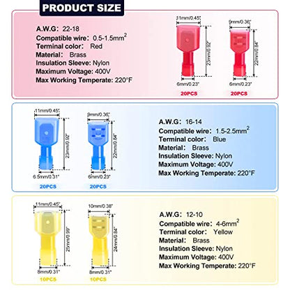 Twidec/100PCS Nylon Spade Connectors Kit 22-10 Gauge Male and Female Wire Spade Terminal Quick Disconnect Fully Insulated Wire Crimp Connector for Automotive Marine - color: Multicoloured Nylon 100PCS