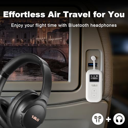 1Mii SafeFly Dual | Airplane Bluetooth Adapter for AirPods or Headphones, Bluetooth Transmitter with Screen, Volume Control, aptX Adaptive & HD, 3.5mm Aux Audio Jack for Airplane, Travel Flight