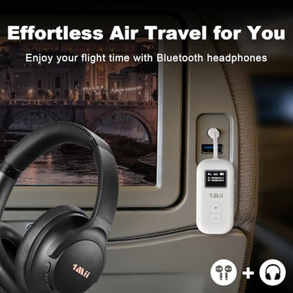 1Mii SafeFly Dual | Airplane Bluetooth Adapter for AirPods or Headphones, Bluetooth Transmitter with Screen, Volume Control, aptX Adaptive & HD, 3.5mm Aux Audio Jack for Airplane, Travel Flight