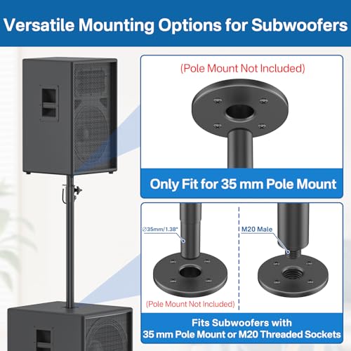 Rimous Heavy-Duty Speaker Pole for Subwoofer with Height Adjustable Subwoofer Pole Mounts Fits M20 Threaded Mount and 35mm Mount Speaker Extender with M20 to 35mm Adapter Load Capacity 121LBS, 2 Pack - style: 2 Pack