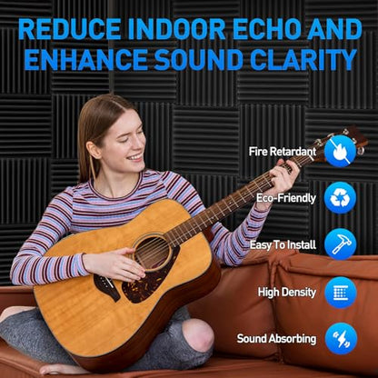 Focusound 120 Pack Acoustic Foam Panels 1" x 12" x 12" Sound Proof Foam Panels Soundproofing Noise Cancelling Wedge Panels for Home Office Recoding Studio with 600 PCS Double-Side Adhesive - size: 120 Pack