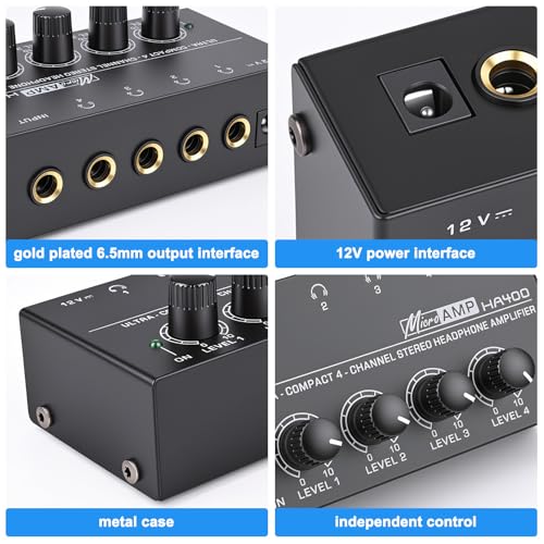 4 Channel Headphone Amplifier, Mini Metal Stereo Audio Amp with 1/4" TRS Input & 4 TRS Outputs, 12V Power Adapter, Portable Headphone Splitter Amplifier for PC, Guitar, Studio, Stage