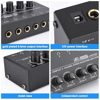 4 Channel Headphone Amplifier, Mini Metal Stereo Audio Amp with 1/4" TRS Input & 4 TRS Outputs, 12V Power Adapter, Portable Headphone Splitter Amplifier for PC, Guitar, Studio, Stage