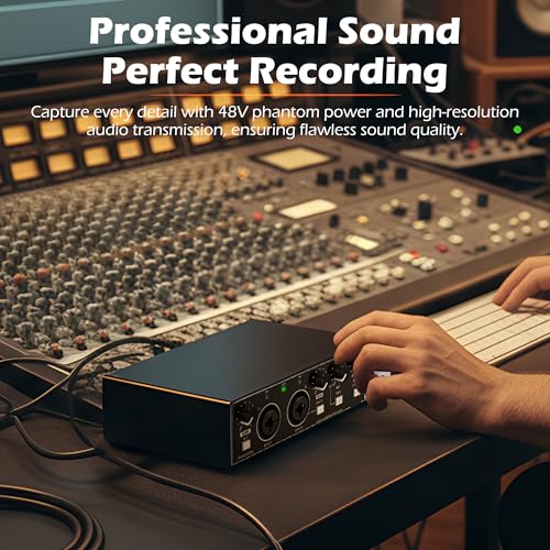 USB Audio Interface for PC Recording, 24-bit/192kHz Computer Audio Interface for Recording Music, 48V Phantom Power Music Recording Studio Equipment, for Home Studio Guitar Podcast Streaming
