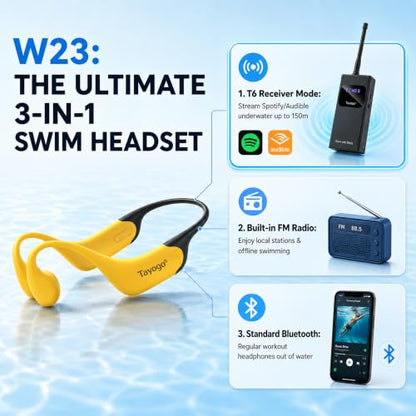 Tayogo Swimming Headphones T6 + W23 Bone Conduction, Under Water Audio System, Spotify Swim Headset, No Need to Download, Waterproof FM Receiving & Bluetooth Open Ear Swim Headset for Training - color: Yellow