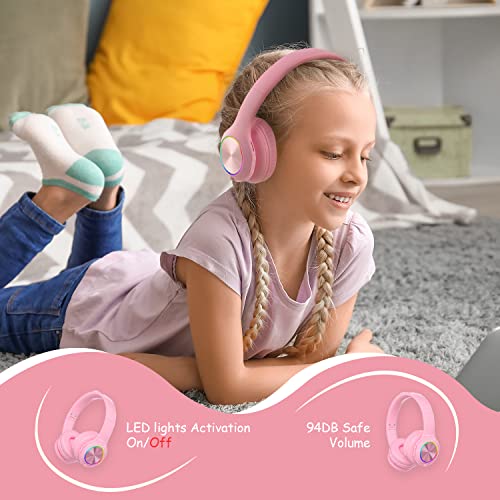 PowerLocus PLED Kids Bluetooth Headphones, Kids Wireless Headphones with LED Lights, 74/85/94dB Safe Volume, Micro SD, AUX Cable, Hi-Fi Stereo, Built-in Mic Over Ear Kid Headphone for Travel/Tablet/PC - color: Pink