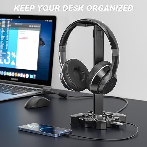 KDD Gaming Headphones Stand, Rotatable Headset Stand with Light Modes - Controller Holder with 2 USB Charging Ports and 3.5mm - Earphone Hanger Accessories for Desktop Gamer(Black) - color: Black