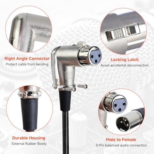 Pack of 2 Right Angle XLR Cables 12FT - 2PCS 3 Pin XLR Male to Female Microphone Cable - Balanced Copper Mic Cable for Mixer, Audio Interface, Podcast, Recording （12 Feet - size: 12 Feet