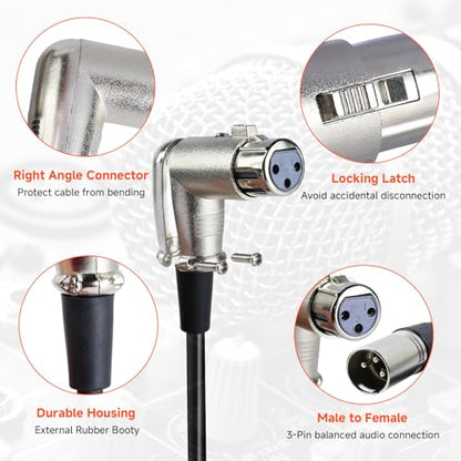 Pack of 2 Right Angle XLR Cables 12FT - 2PCS 3 Pin XLR Male to Female Microphone Cable - Balanced Copper Mic Cable for Mixer, Audio Interface, Podcast, Recording （12 Feet - size: 12 Feet