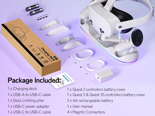 Saqico Charging Dock for Meta Quest 3S/3/2, 22W Fast VR Charging Station with 30W Adapter & Extra USB Port, Magnetic Stand with 2 Rechargeable Batteries & RGB Light, Neat and Orderly Storage - size: Charging Dock for Quest 2/3/3S