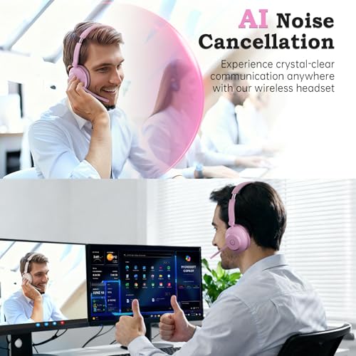 Bluetooth Wireless Headset with Mic for Work, Advanced Noise Reduction Microphone, Clear Calls - Comfortable On-Ear Headphones, Bluetooth 5.3, Applicable to Laptop, PC, Zoom, Office(Pink) - color: Pink