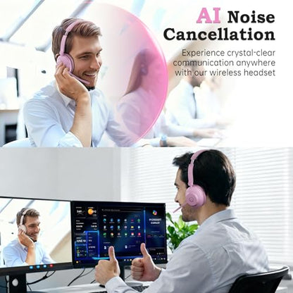 Bluetooth Wireless Headset with Mic for Work, Advanced Noise Reduction Microphone, Clear Calls - Comfortable On-Ear Headphones, Bluetooth 5.3, Applicable to Laptop, PC, Zoom, Office(Pink) - color: Pink