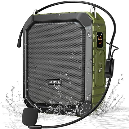 SHIDU Voice Amplifier for Teacher with Portable Microphone Waterproof | 18W Microphone with Speaker with Wired Mic Headset, IPX5 Waterproof Bluetooth Speaker Systems for Guide, Coach (NOT Wireless) - color: Green