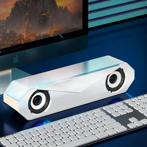 Wired Desktop Soundbar, High Volume Stereo Speakers with Subwoofer for PC, Laptop, and Mac, Compact Long-Shape Design, Clear Sound for Gaming & Movies (White) - color: White