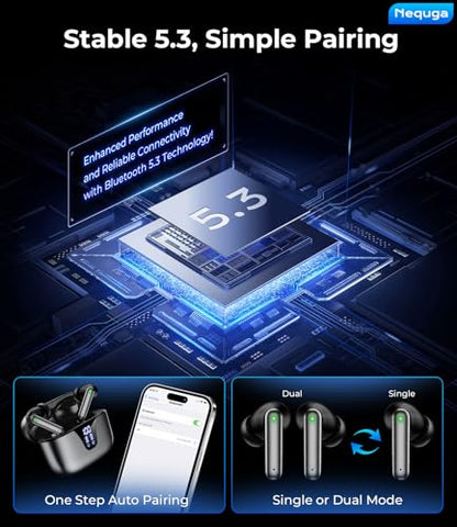 무선 이어버드, 50시간 재생 블루투스 헤드폰, LED 디스플레이 케이스 | 블루투스 5.3, IPX7 방수, 딥 베이스 스테레오, 아이폰/안드로이드/태블릿/노트북/스포츠용 마이크가 있는 인이어 이어폰, 네이비 - color: 네이비