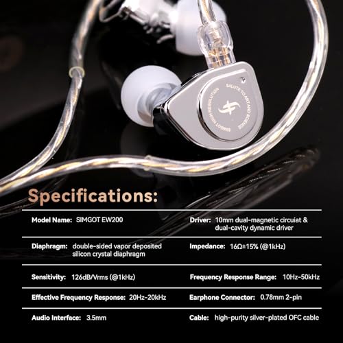 Linsoul SIMGOT EW200 10mm SCP Diaphragm Dynamic Driver IEM in-Ear Earphones | with All Metal Body, Detachable 0.78mm 2pin Silver-Plated OFC Cable for Audiophiles Musicians, 3.5mm without Mic - style: EW200 Without Mic