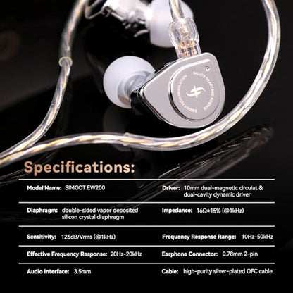 Linsoul SIMGOT EW200 10mm SCP Diaphragm Dynamic Driver IEM in-Ear Earphones | with All Metal Body, Detachable 0.78mm 2pin Silver-Plated OFC Cable for Audiophiles Musicians, 3.5mm without Mic - style: EW200 Without Mic