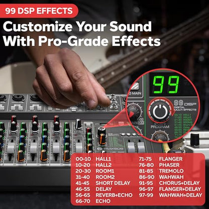 Pyle 8 Channel Audio Mixer - 4 XLR Combo Mic Inputs, Bluetooth Studio Mixer/DJ Controller with DSP Digital Effects, USB-A In with MP3 Player, PC Recording, LED Level Meter, Smooth Dials and Faders - style: 8 Channel