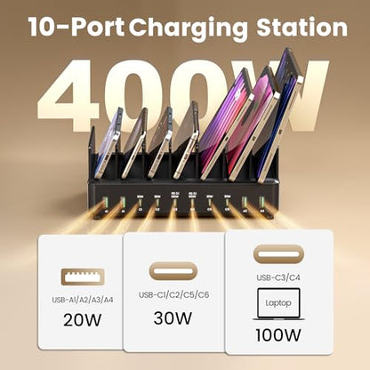 400W Charging Station for Multiple Devices, USB C Charger Organizer Dock | Dual 100W PD Ports, with 8 Cables,10 Port, 4 USB-A, 6USB-C, Compatible for MacBook iPhone iPad Laptop Cell Phone Tablet