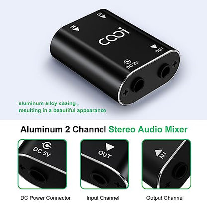 2 Channel Stereo Mini Audio Mixer | Metal Shell, AUX Interface Support, 2 In 1 Out Mini Stereo Sound Mixer, Includes 1-Meter Audio Cables