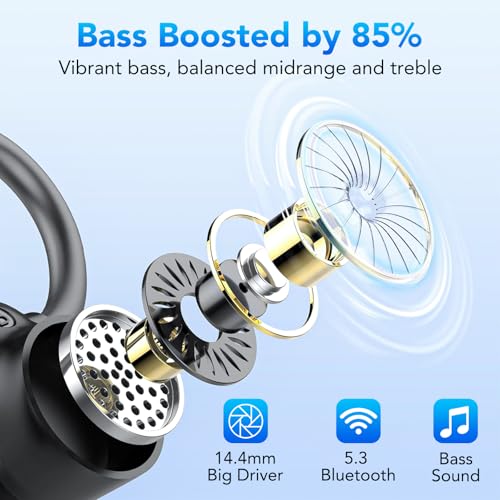 KT1 Bluetooth Headphones Wireless Earbuds 72hrs Playtime Wireless Charging Case Digital Display, Ear Buds with Earhook,IPX7 Waterproof, Deep Bass 2.0,Over-Ear Earphones for Sport Running, Black - color: Black
