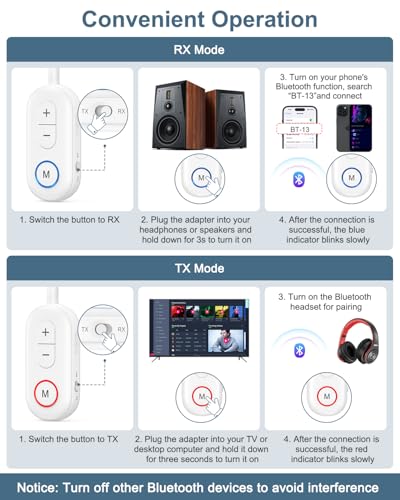 Upgraded Bluetooth 5.3 Audio Adapter, 2 in 1 Bluetooth Transmitter Receiver, Wireless Headphones, Low Latency, Hands-Free, Audio Adapter for Airplane/Travel/Car/Home Stereo - color: White