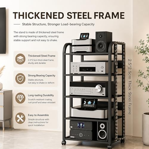 5 Tier Av Media Stand with Wheels, 39in Adjustable Audio Rack | Modern Stereo Racks And Stands, Audio-Video Shelving For Home, Office, Theater