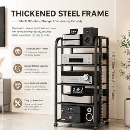 5 Tier Av Media Stand with Wheels, 39in Adjustable Audio Rack | Modern Stereo Racks And Stands, Audio-Video Shelving For Home, Office, Theater