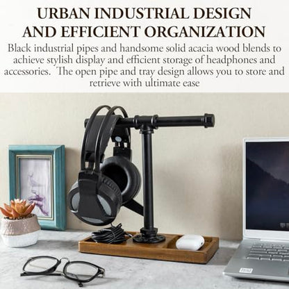MyGift Premium Acacia Solid Wood and Industrial Black Metal Pipe T-Bar Over Ear Headphones Holder, Tabletop Dual Headphone Display Stand with Accessories Tray - color: Natural Acacia Wood & Black Metal