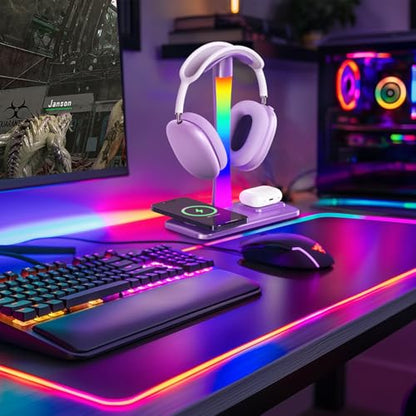 Headphone Stand with Wireless Charger,Gaming Headset stand with RGB Light,For Airpod Max Stand Compatible with Airpod Pro/3/2,For iPhone 17/16/15/14/13/12/11,Gifts for Gamers & Music Lover (Purple) - color: Purple