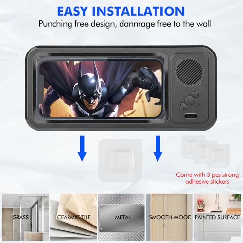 Shower Phone Holder with Wireless Bluetooth Speaker, Waterproof 480 Rotation Viewable Shower Phone Stand Case Mount Speakers for Bathroom Wall Mirro for 4"- 6.8" Cell Phones ,Gift for Mom(Black) - color: Black